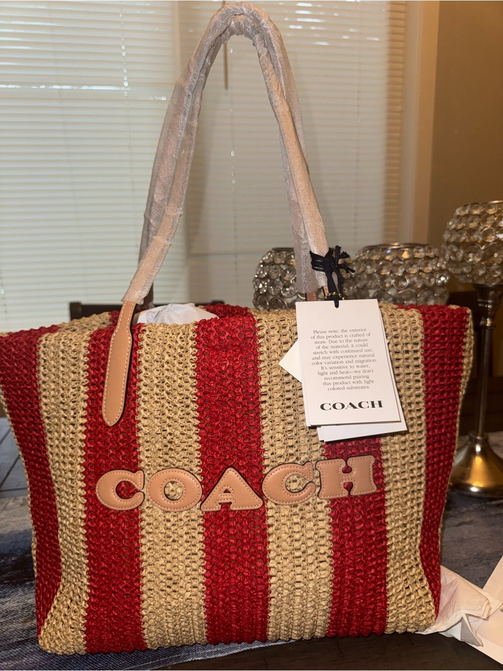COACH Red and Tan Striped Woven Tote